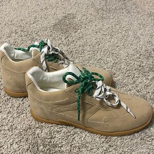 Tan Suede Women's Sneakers with Green Accent Laces - Casual Everyday